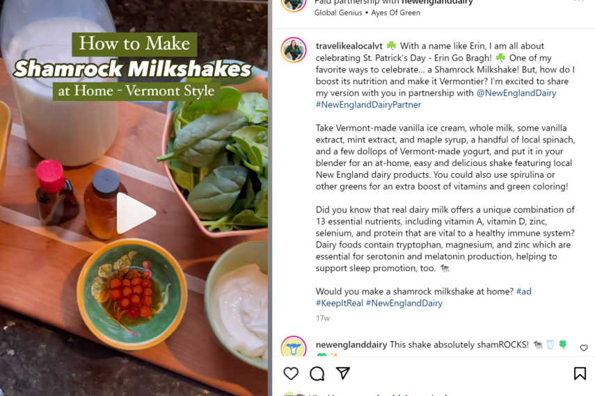 Instagram post including text and photo of ingredients to make smoothies